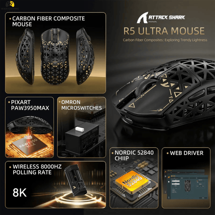 Attack Shark R5 Ultra 8K Carbon Fiber Wireless Gaming Mouse with 42,000 DPI - PAW3950 MAX Sensor, Nordic, 39g Ultra-Lightweight Brand New - Wah Gaming Store