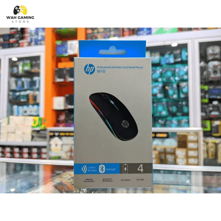 HP W10 Wireless Rechargeable Bluetooth Mouse With RGB Lights Adjustable DPI Silent Click 500Mah Long Battery - Wah Gaming Store