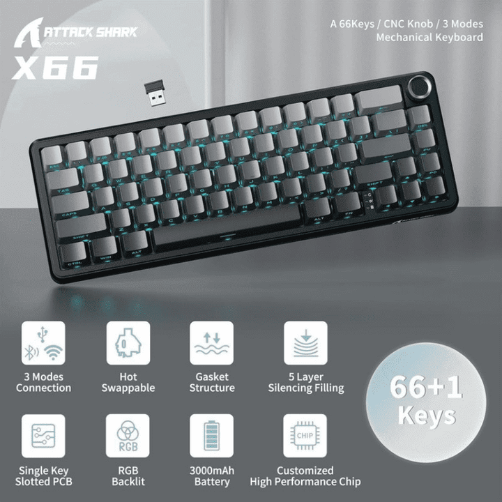 ATTACK SHARK X66 Wireless Mechanical Keyboard with Side Printed PBT Keycaps - Wah Gaming Store