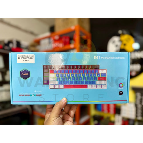 K61 mechanical gaming keyboard retail box with compact RGB keyboard design and blue switch features