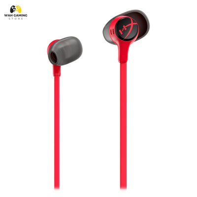 Red and black in-ear wired headphones shown from two angles on a white background, with a Wah Gaming store logo in the top-left corner.