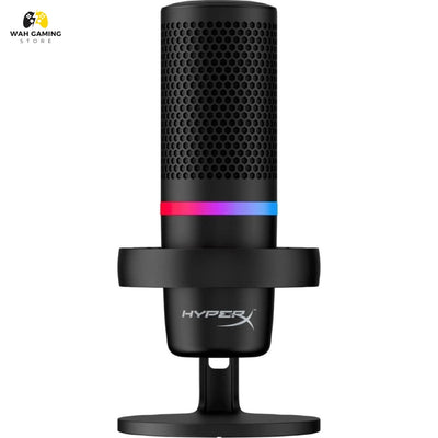HyperX gaming microphone in matte black with a vibrant RGB LED light band showing pink, purple, and blue colors, set against a plain white background.