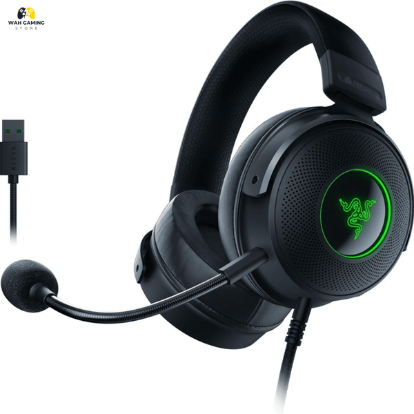 Razer Kraken V3 Wired USB Gaming Headset: Triforce Titanium 50mm Drivers - THX Spatial Audio - Chroma RGB Lighting - Hybrid Fabric & Leatherette Memory Foam Cushions - Detachable HyperClear Mic - Wah Gaming Store