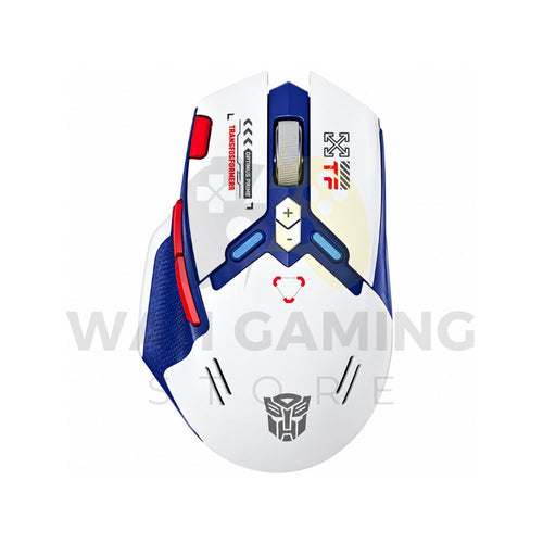 Transformers TF-GM01 white RGB gaming mouse with blue accents, red buttons and Transformers logo