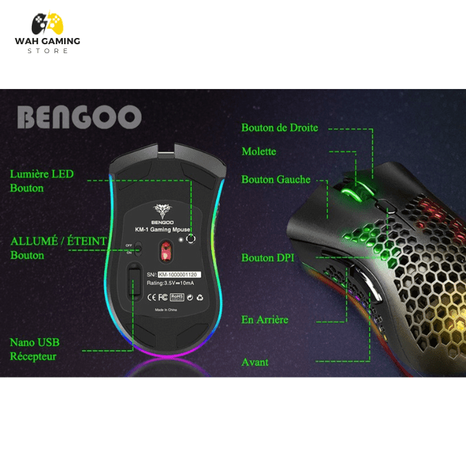 Bengoo KM-1 Wireless Rechargeable Gaming Mouse Honeycomb Design - Wah Gaming Store