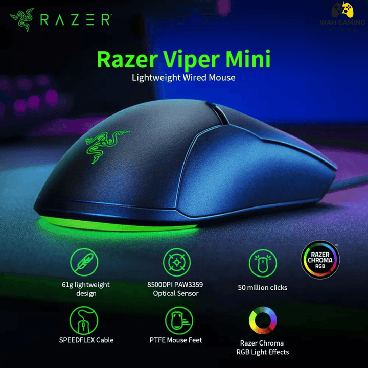 Razer Viper Mini Ultralight Gaming Mouse Fastest Gaming Switches 8500 DPI Optical Sensor Chroma RGB Underglow Lighting 6 Programmable Buttons Used Best Condition - Wah Gaming Store