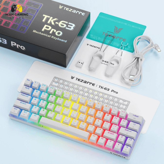 Tezarre TK63 Pro RGB Wireless Gaming Keyboard - White Gateron Red Switches - Pudding Keycaps - Wah Gaming Store