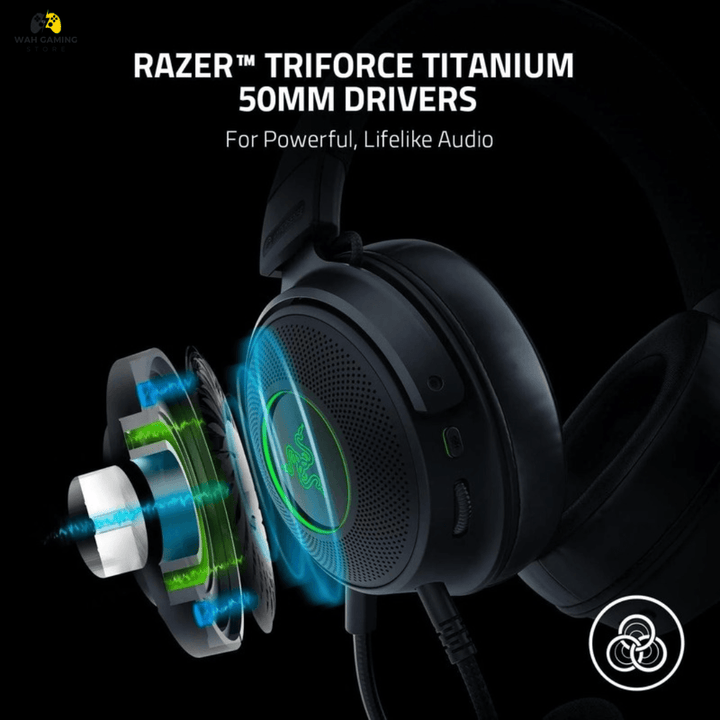 Razer Kraken V3 Wired USB Gaming Headset: Triforce Titanium 50mm Drivers - THX Spatial Audio - Chroma RGB Lighting - Hybrid Fabric & Leatherette Memory Foam Cushions - Detachable HyperClear Mic - Wah Gaming Store