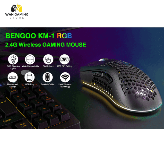 Bengoo KM-1 Wireless Rechargeable Gaming Mouse Honeycomb Design - Wah Gaming Store
