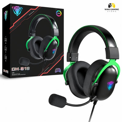A black over-ear gaming headset with bright green accents and a boom microphone, shown next to its black retail box. The box features the model name 'GH-818' and a colorful logo.