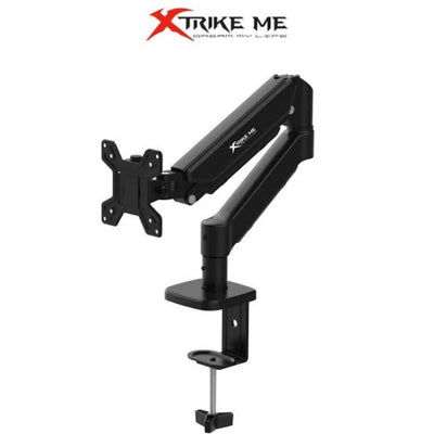 Black monitor arm with Xtrike Me branding on a white background