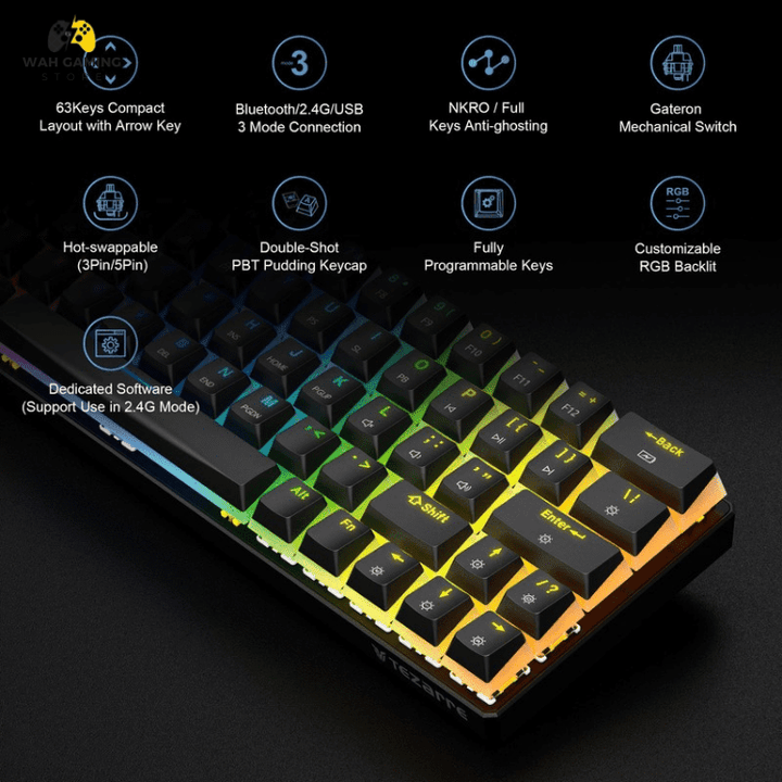 Tezarre TK63 Wireless Mechanical Gaming Keyboard Black Color - Wah Gaming Store