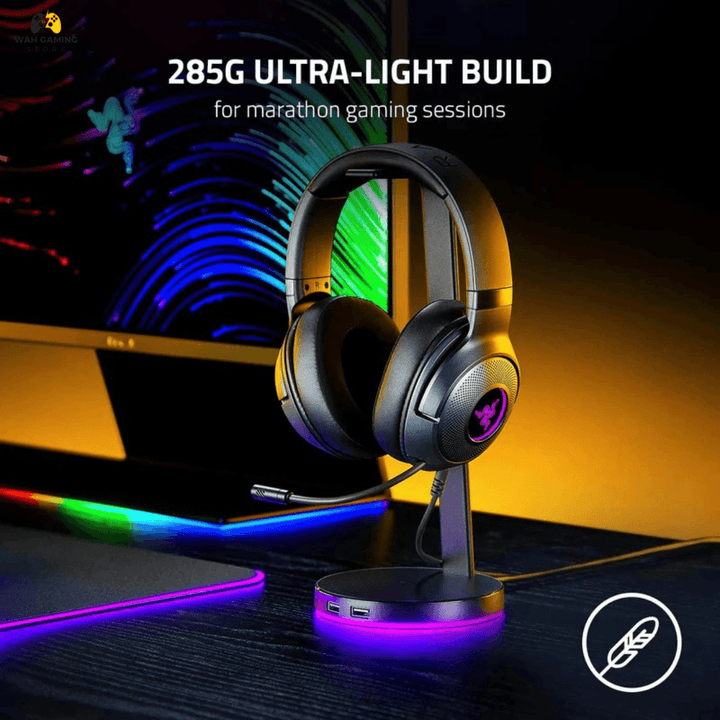 Razer Kraken V3 Wired USB Gaming Headset: Triforce Titanium 50mm Drivers - THX Spatial Audio - Chroma RGB Lighting - Hybrid Fabric & Leatherette Memory Foam Cushions - Detachable HyperClear Mic - Wah Gaming Store