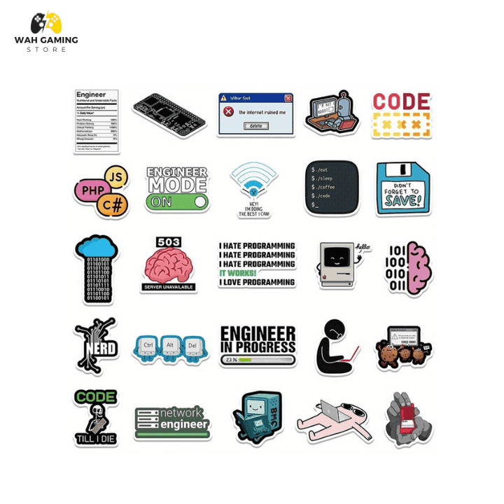 5 pcs Cartoon Programmer Stickers - Reusable, Durable Synthetic Paper Decals with Humorous Java & Software Development Phrases - Wah Gaming Store