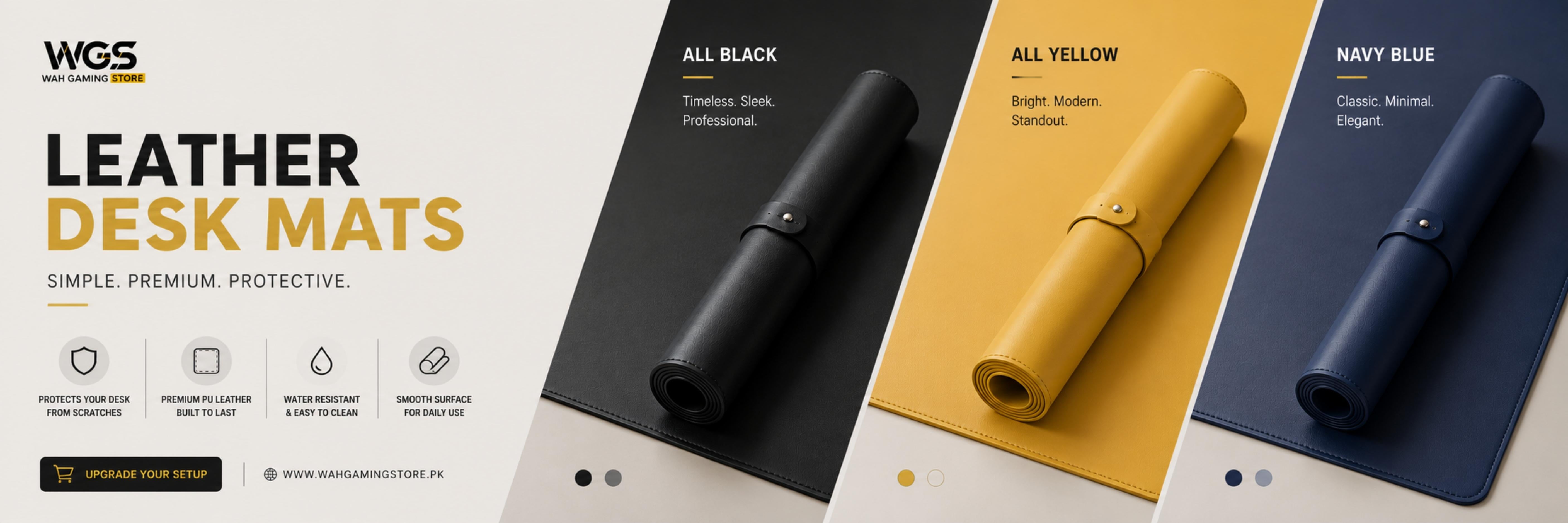 Premium PU leather desk mats in Black, Yellow, and Navy Blue with dual-sided design, water-resistant surface, and desk protection for office, gaming, and productivity setups in Pakistan.