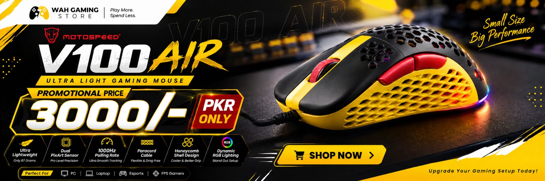 Motospeed V100 Air 67g wired RGB gaming mouse promotional price Rs 3000 at Wah Gaming Store