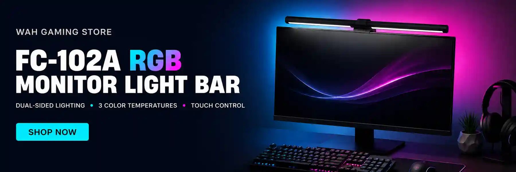 FC-102A RGB monitor light bar with dual-sided lighting, 3 color temperatures and touch control at Wah Gaming Store Pakistan