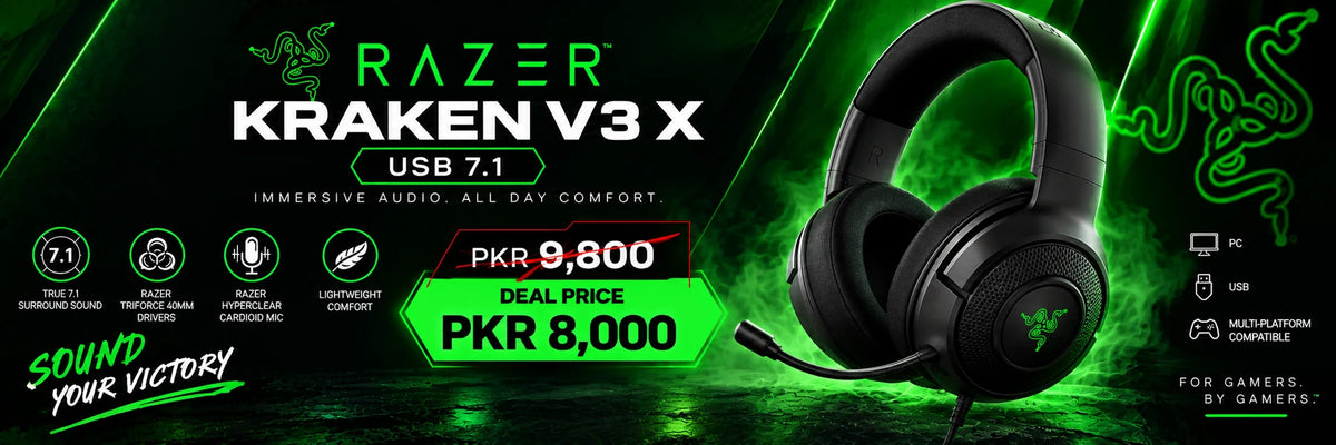 Razer Kraken V3 X USB 7.1 gaming headset with immersive audio, lightweight design and deal price of PKR 8,000